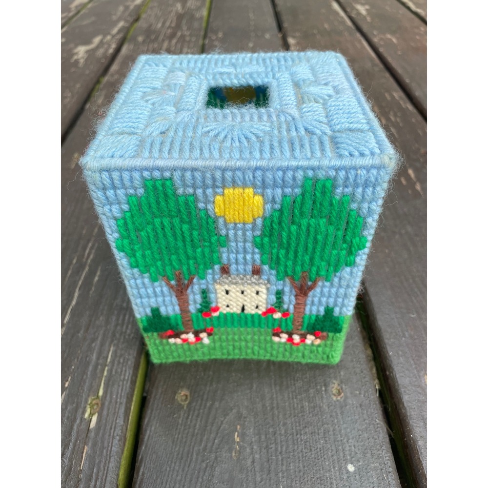 Vintage Handmade Plastic Canvas Tissue Box Cover Folk Art Cottage Landscape Blue